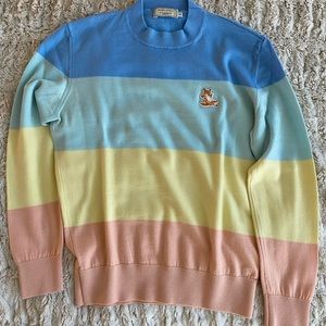 Maison Kitsune 'Chillax Fox' rainbow fox knit crew neck pullover sweater.